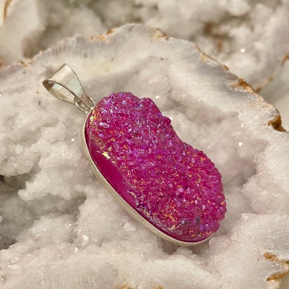 Pink Druzy Silver Pendant - Picture 2 of 4